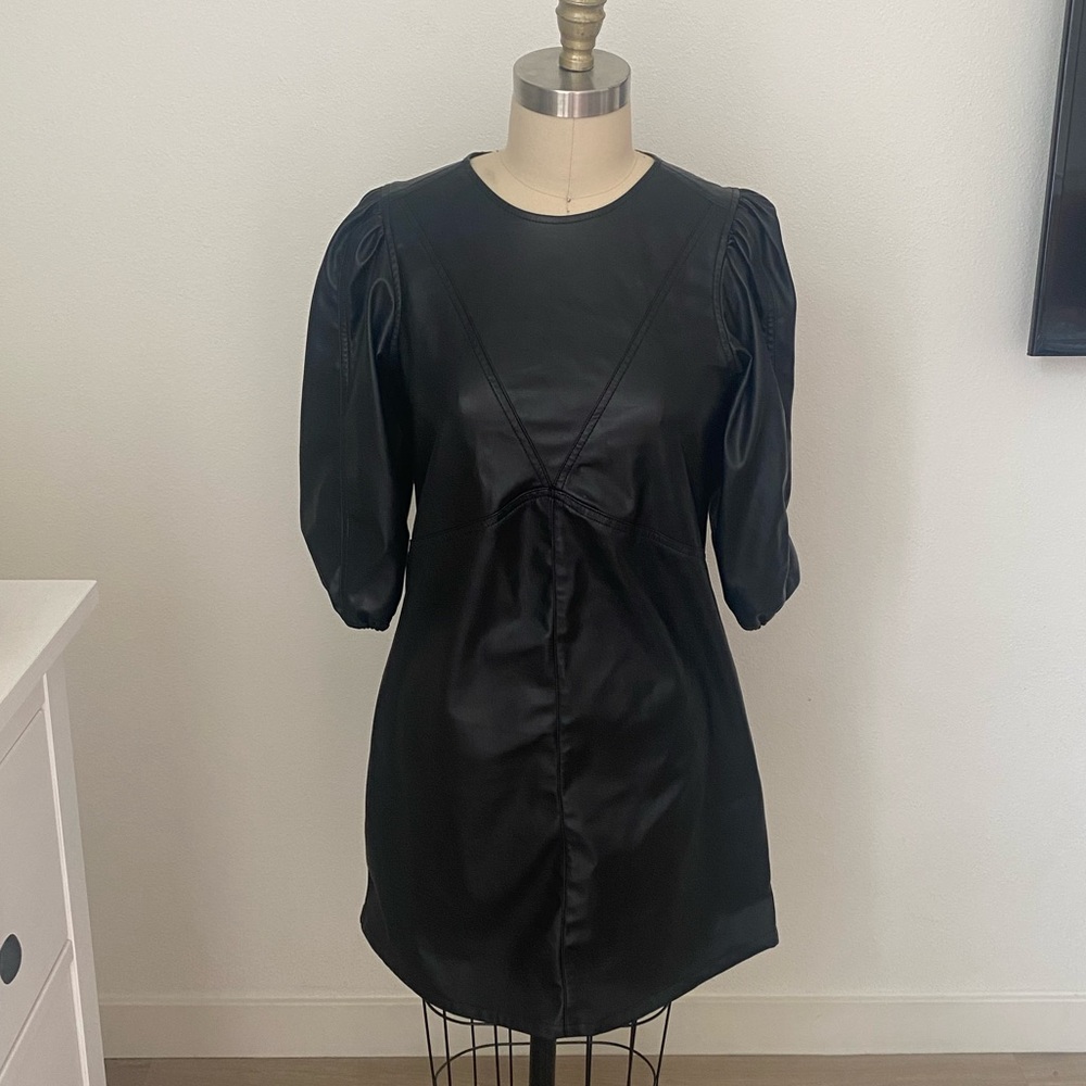 Pleather puff midi sleeve sheath dress